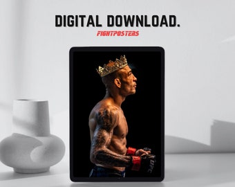 May include: Digital download poster featuring a muscular person wearing a gold crown, with tattoos on their arms, and red and black gloves. The text "DIGITAL DOWNLOAD." and "FIGHTPOSTERS" are displayed at the top.