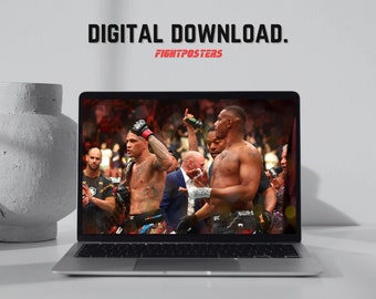 May include: A laptop screen shows a UFC fight scene with two shirtless fighters. The screen displays a crowd and the text "DIGITAL DOWNLOAD." and "FIGHTPOSTERS" in black and red. A white vase is to the left.