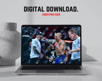 May include: A laptop displays a UFC fight scene with a crowned fighter. The screen shows a close-up of the fighter with a referee and other figures. The text "DIGITAL DOWNLOAD." and "FIGHTPOSTERS" are visible.