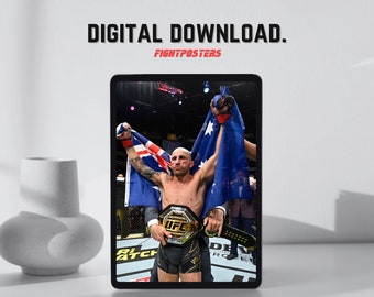 May include: Digital download of a UFC champion holding a championship belt and an Australian flag. The image is displayed on a tablet with the text "DIGITAL DOWNLOAD." and "FIGHTPOSTERS."