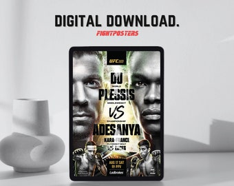 Peut inclure: Téléchargement numérique d'une affiche de combat UFC 305. L'affiche présente les visages de Du Plessis et Adesanya, avec le texte "Championnat des poids moyens" et "Kara-France vs. Engeg" en dessous. La date du combat est le 17 août.