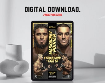 Peut inclure: Affiche numérique téléchargeable pour l'UFC 302, avec Makhachev contre Poirier et Strickland contre Costa. L'affiche a un fond noir avec le logo UFC et la marque Bud Light. Le texte "TÉLÉCHARGEMENT NUMÉRIQUE" et "FIGHTPOSTERS" sont également visibles.