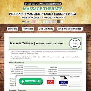 Pregnancy Massage Form, Prenatal Consultation Form, Pre-Natal Massage, Client Intake Form, Consent Form, PDF Template, DOC Template