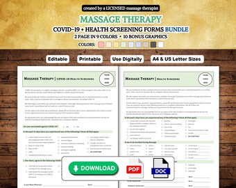 Massage Therapy Health Screening Forms Bundle, COVID-19 Form and Health Form, 2 Pages, PDF & DOC, Digital, Printable, Editable, 9 Colors
