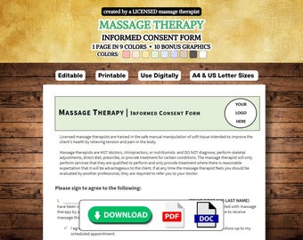 Modulo di consenso per massaggio, modulo di assunzione del cliente, modulo di massoterapia, modello PDF, modello DOC, modello di massaggio, modulo di assunzione del massaggio