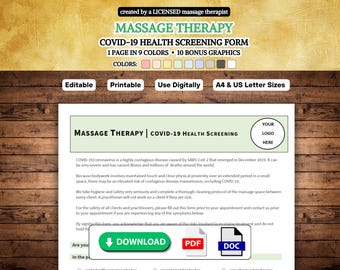 Massage Therapy COVID-19 Form, Health Screening, 1 Page, PDF & DOC, Digital, Printable, Editable, 9 Colors, Massage Therapy Template