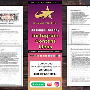 400 Massage Therapy Instagram Content Ideas, Social Media Content Ideas, IG Planner for Massage Therapists, Bonus Tips and Graphics, PDF