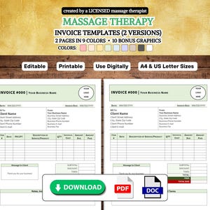 May include: Two printable invoice templates for massage therapy businesses. The templates are in a green and white color scheme and include space for client information, service descriptions, and payment details. The templates are available for download in PDF and DOC formats.