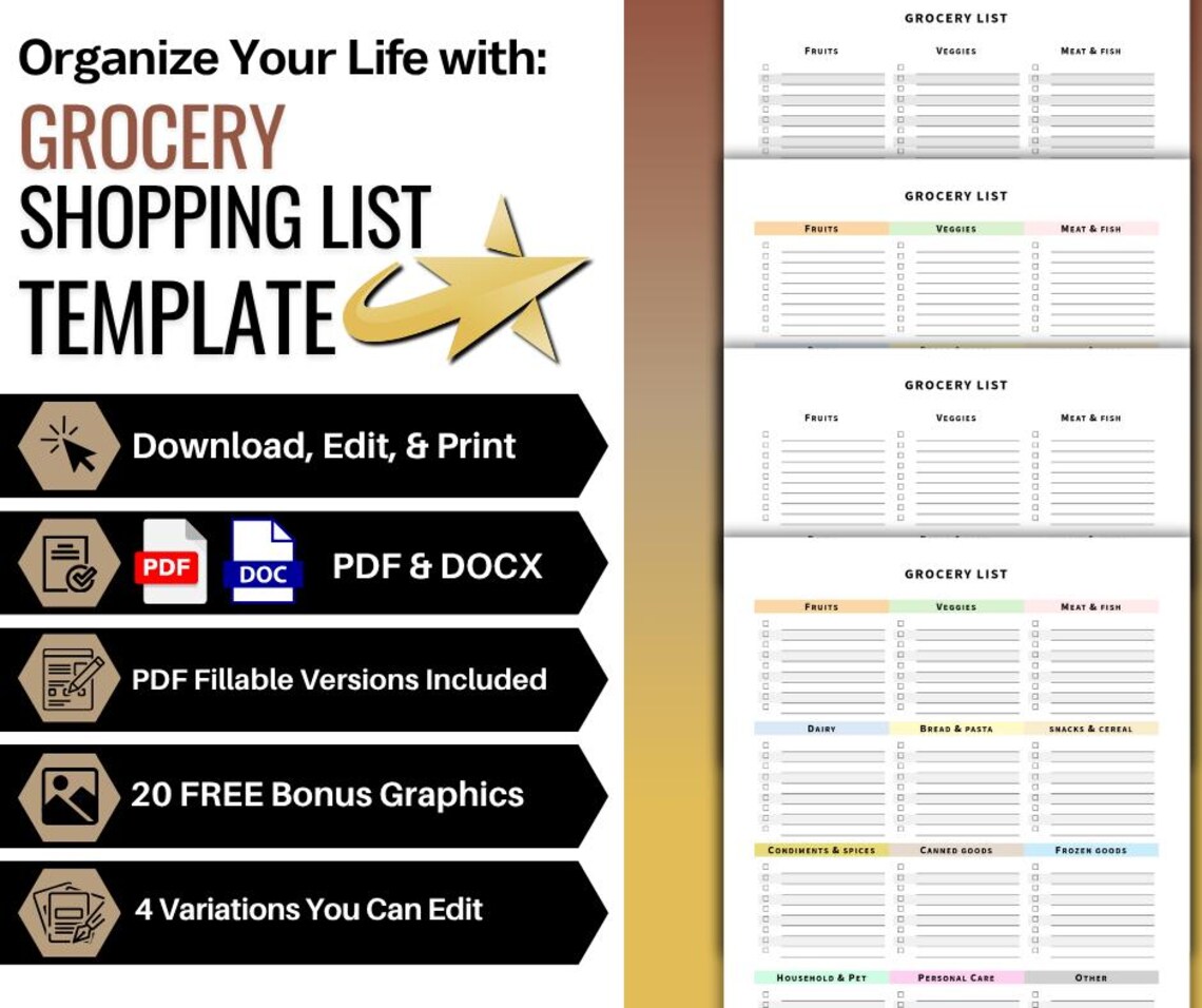 Fillable Ranking List Grocery List Template, 4 Variations, Includes Fillable, Digital ...