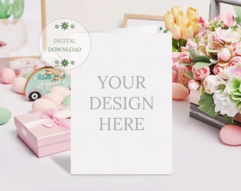 Easter Card Mockup, Blank A5 A4 Card, Pink Spring Flowers Mockup Background, JPG Download Instant Download, Blank Card Mockup, Card Demo