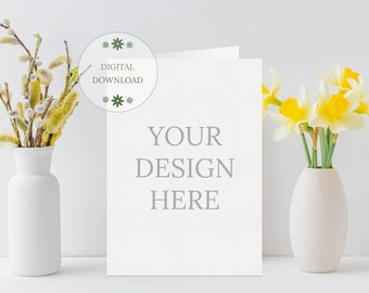 Easter Card Mockup, Blank A5, A4 Card, Yellow Daffodils Mockup Background, JPG Download Instant Download, Blank Card Mockup, Egg Card Demo