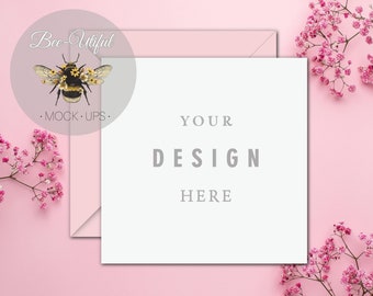 White Greeting Card Mockups Square 5x5 Card Mockup Envelope Birthday Card Mock-up Wedding, Floral, Flat Lay, Top View, Jpeg Instant Download