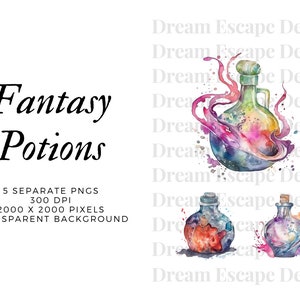 Fantasy Magical Potions Watercolour Clipart, Magical Fantasy Art, Mystical Clipart, Potion Bundle, Instant Download