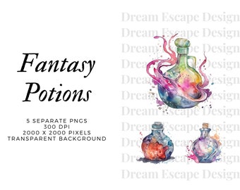Imágenes prediseñadas de acuarela de pociones mágicas de fantasía, arte de fantasía mágica, imágenes prediseñadas místicas, paquete de pociones, descarga instantánea