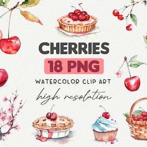 Watercolor Cherry Clipart Bundle, Cherries PNG Digital Download, Commercial Use Graphics, Scrapbooking Crafts, Instant Digital Download