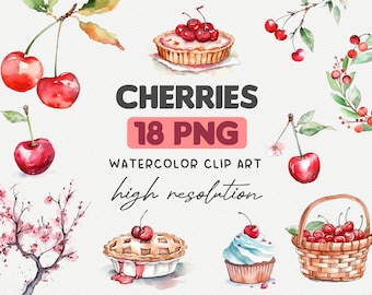 Watercolor Cherry Clipart Bundle, Cherries PNG Digital Download, Commercial Use Graphics, Scrapbooking Crafts, Instant Digital Download