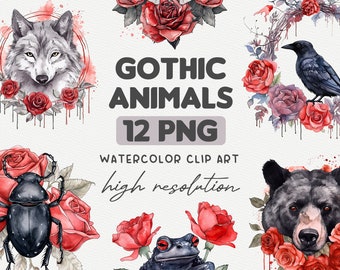 Pacchetto Clipart animali gotici dell'acquerello, download digitale PNG gotico, grafica per uso commerciale, Dark Fantasy, download digitale istantaneo
