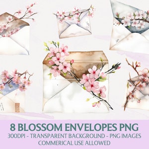 Blumen Umschlag Clipart, Aquarell Kirschblüte Png Bundle, sofortiger Download, Kunst & Handwerk, kommerzielle Nutzung Grafiken, Blüte Clip Art