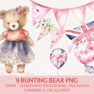 Clipart de coroação do rei Carlos III, urso de coroação rosa png, gráficos Union Jack Bunting, uso comercial, download digital instantâneo