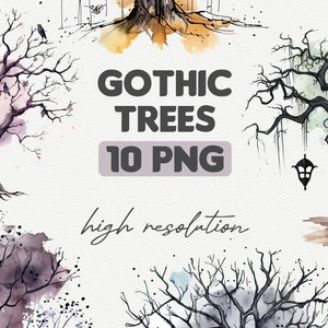 Watercolor Gothic Trees Clipart Bundle, Gothic PNG Digital Download, Commercial Use Graphics, Dark Fantasy Woodland Instant Digital Download