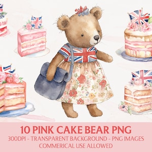 Clipart de coroação do rei Carlos III, urso de coroação rosa png, gráficos de bolos reais Union Jack, uso comercial, download digital instantâneo