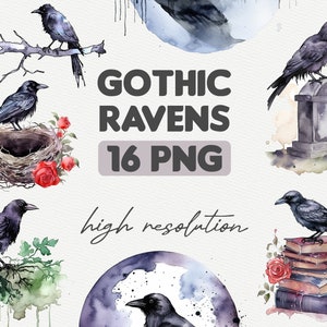 Watercolor Gothic Ravens Clipart Bundle, Gothic PNG Digital Download, Commercial Use Graphics, Dark Fantasy , Instant Digital Download