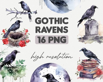Watercolor Gothic Ravens Clipart Bundle, Gothic PNG Digital Download, Commercial Use Graphics, Dark Fantasy , Instant Digital Download