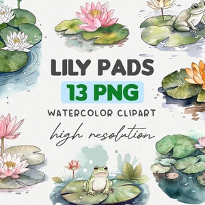 Pacote de clipart de almofada de lírio em aquarela, download digital PNG de lagoa de sapo, uso comercial, álbum de recortes de nenúfar, download digital instantâneo