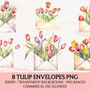 Clipart de sobre floral, paquete Png de tulipán de acuarela, descarga instantánea, artes y manualidades, gráficos de uso comercial, clip art de tulipán