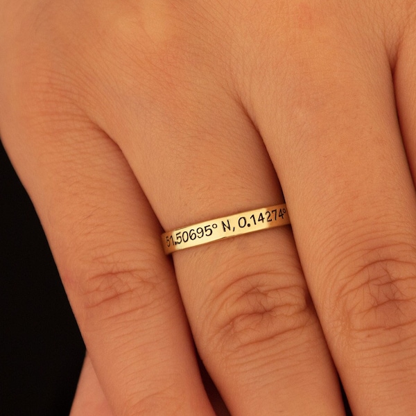 Dainty Coordinates Ring, Valentine Gift, Custom Roman Numeral Ring, Custom Engraved Ring, Gift for Her, 14K Gold Stackable Name Ring - U024