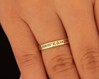 Dainty Coordinates Ring, Valentine Gift, Custom Roman Numeral Ring, Custom Engraved Ring, Gift for Her, 14K Gold Stackable Name Ring - U024