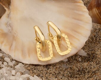 Gehämmertes Rechteck Baumeln Ohrringe, Geschenk für Sie, 14K Gold Baumeln Rechteck Creolen, Silber Huggie Ohrringe, Geschenk für Mama - 3760