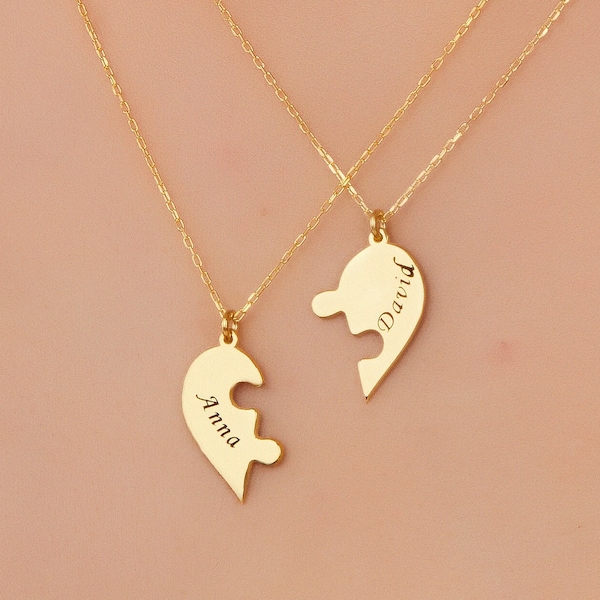 Gold Heart Puzzle Name Necklace, Valentine Gift, 2 Pieces Silver Puzzle Pendant, Rose Gold Couple Matching Necklaces, Gift for Her - U085
