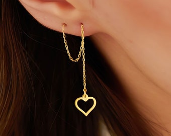 Threader Heart Chain Earrings, Valentine Gift, Gold Bar Chain Earrings, Sterling Silver Earrings,Dangling Chain Threader Bar Earring-U042