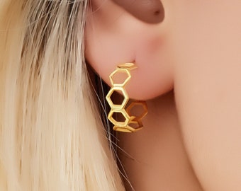Gold Honeycomb Huggie Hoop Earrings, Sterling Silver Hexagon Jewelry
