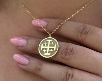 dainty 14 K Jerusalem Cross necklace for women small holy land cross pendant spiritual gift for her minimalist christian necklace baptism
