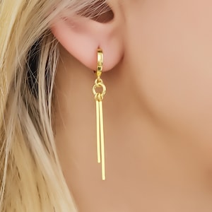 Gold Vermeil Dangle Bar Hoop Earrings, Mother&#39;s Day Gift, 14K Gold Big Dangle Zoro Earrings, 925K Sterling Silver Dangling Hoops - U087