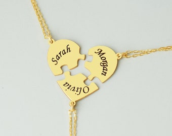 Gold Three Piece Best Friend Puzzle Necklace, BFF Gift, Matching Heart Jewelry, Silver Three Sisters Necklace, Trio Gifts - U054