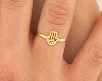 The Hamsa Ring, Valentine Gift, Diamond Hand Of Fatima Ring, Protection Ring, Handmade Jewelry, Summer Jewelry, Diamond Khamsa Ring - 072