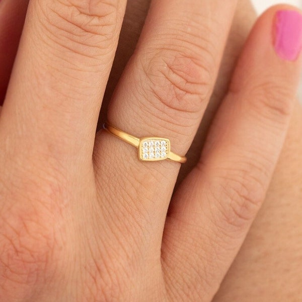 Pave Rectangle Ring, Minimalist Pave Ring, Valentine Gift, 18K Gold Plated Cube Ring, Gift for Wife, Handmade Jewelry · Summer Jewelry - 095