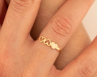 Diamond Triple Hearts Ring · Minimalistic Jewelry Gift · Dainty Gold Hollow Hearts Ring · Handmade Jewelry · Gift for Her ·Summer Jewelry