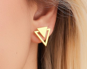 Double Triangle Stud Earrings, Valentine Gift, Handmade Geometric Earrings, 925 Sterling Silver Stud Earrings, Double Triangle Earrings-U044
