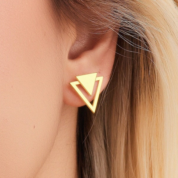 Double Triangle Stud Earrings, Valentine Gift, Handmade Geometric Earrings, 925 Sterling Silver Stud Earrings, Double Triangle Earrings-U044