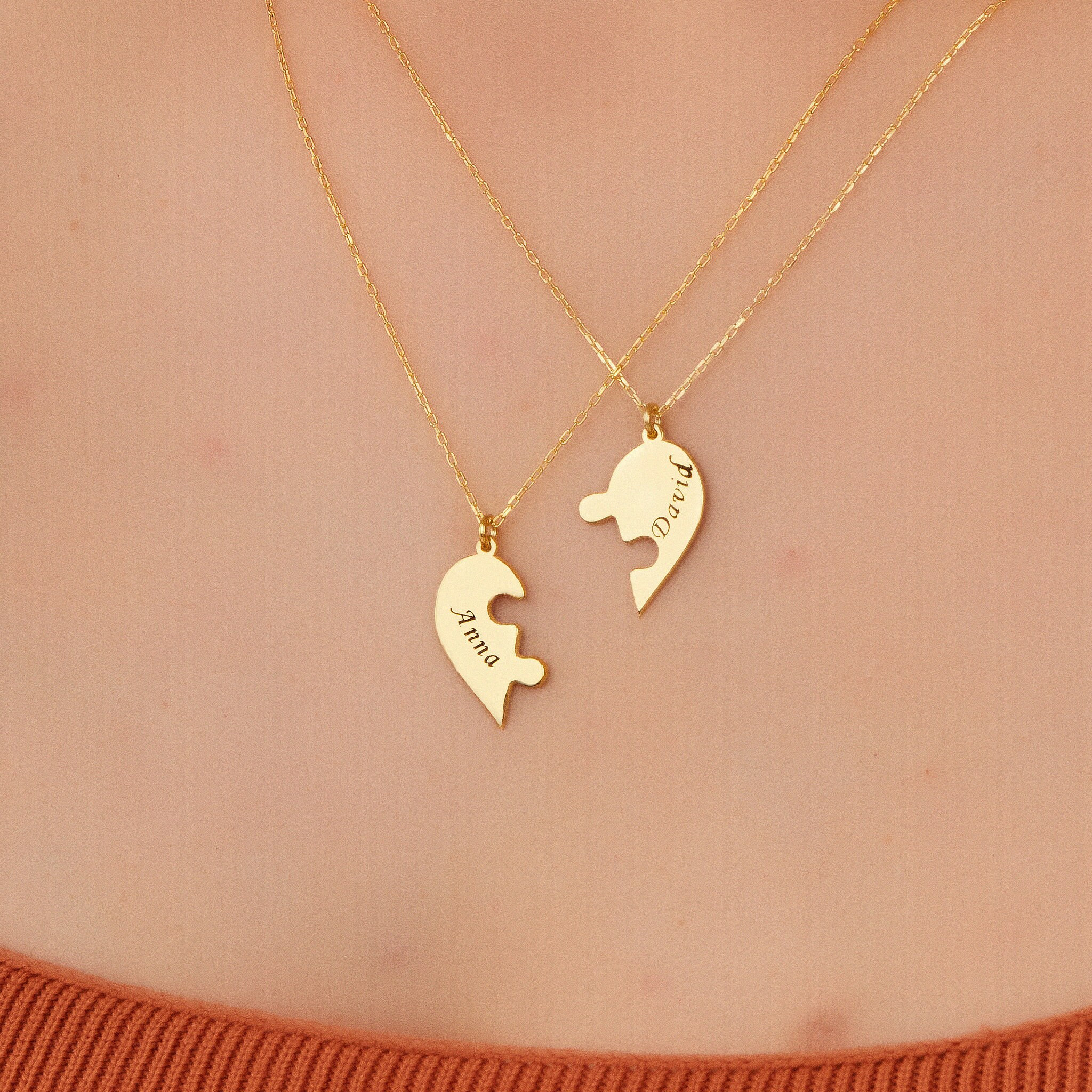 Gold Heart Puzzle Name Necklace, Valentine Gift, 2 Pieces