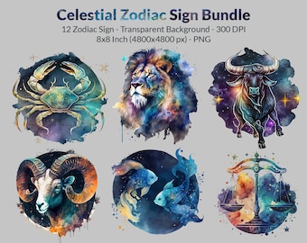 Zodiac Sign Bundle Clipart, PNG, Virgo, Aries ,Aquarius, Cancer, Gemini, Leo, Libra, Pisces, Sagittarius, Capricorn, Scorpius, Taurus,