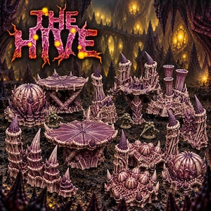 May include: A collection of purple and beige organic-textured miniature terrain pieces featuring spires, platforms, and bulbous structures. The text THE HIVE is displayed in a stylized, vein-like font at the top of the image.