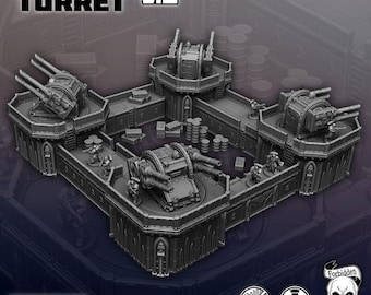 May include: A 3D printed model of a futuristic defense turret with multiple cannons. The turret is made of gray plastic and has a detailed design. The model is labeled "Defense Turret V.2" and is compatible with OpenLOCK.