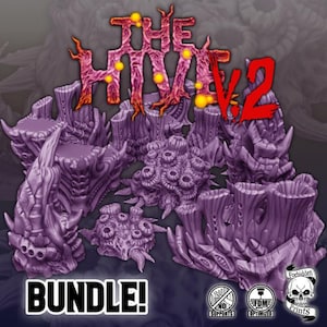May include: A bundle of purple, organic-looking 3D-printed terrain pieces for tabletop gaming. The text "THE HIVE V.2" is displayed in a stylized font, with the word "BUNDLE!" below. The image also includes the Forbidden Prints logo and icons indicating support and FDM optimization.