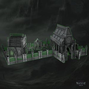 May include: A miniature gothic graveyard scene with a church, mausoleum, and tombstones. The buildings are gray with green accents, surrounded by a green picket fence. The scene is set against a dark, misty background. The text "NIGHTSPIRE VALE" is visible.