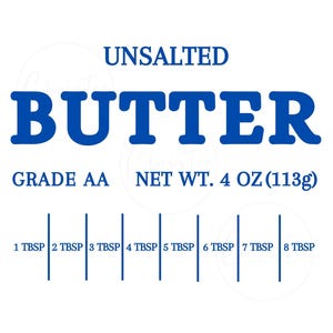 May include: A blue and white label for unsalted butter, with the text "UNSALTED BUTTER" in large blue letters. The label also includes the text "GRADE AA NET WT. 4 OZ (113g)" and a measurement guide for tablespoons.
